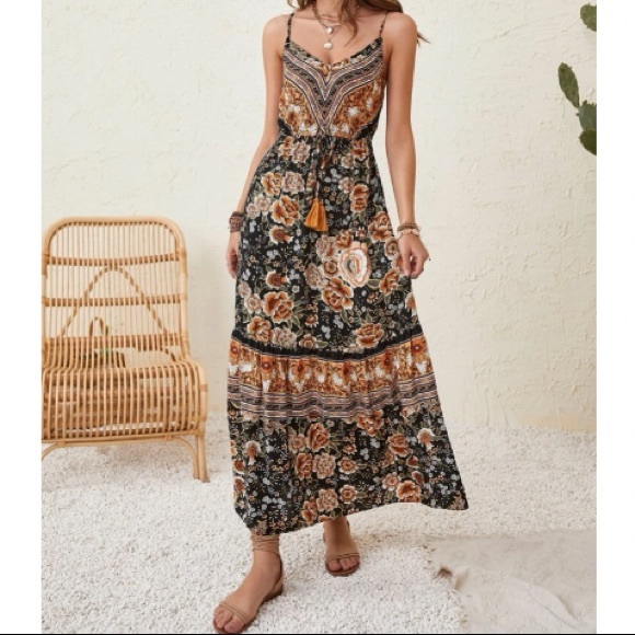 Boho floral print drawstring waist cami dress - Picture 10 of 16